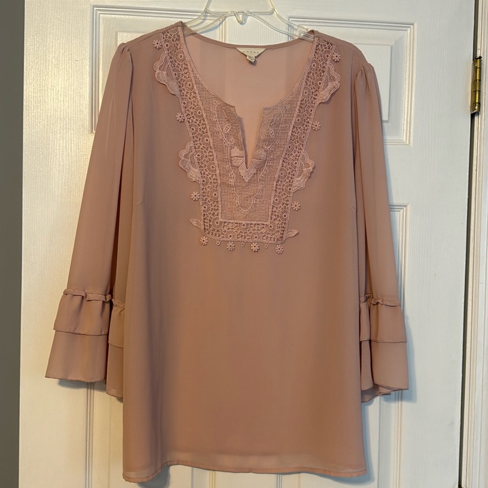 Blush Pink Plus 1X Lace Ruffle 3/4 Sleeves
